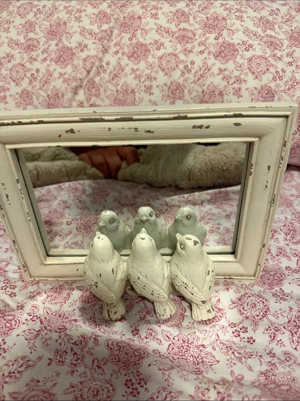 Pier 1 White Distressed Mirror with Three Ceramic Birds